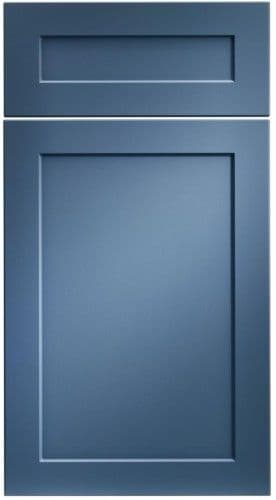 Cabinet door with horizontal panel above and vertical panel below in slate blue finish