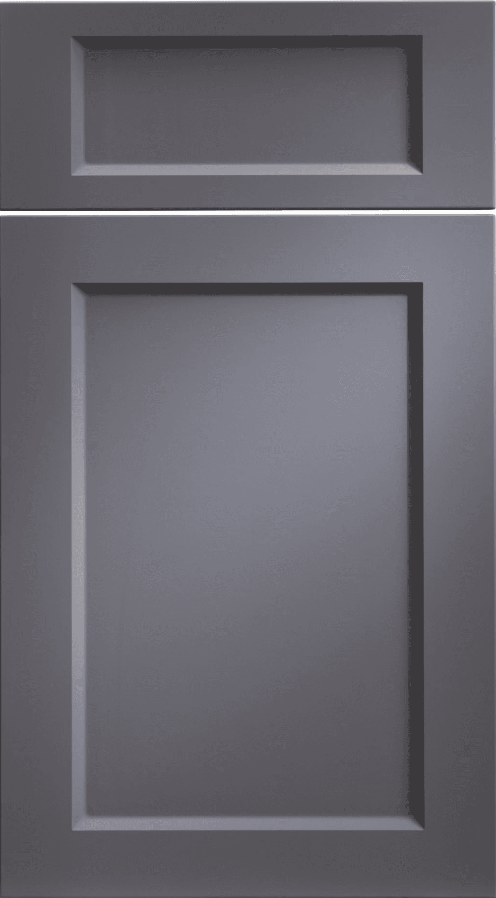 Gray cabinet door front with recessed panel design and horizontal upper drawer opening